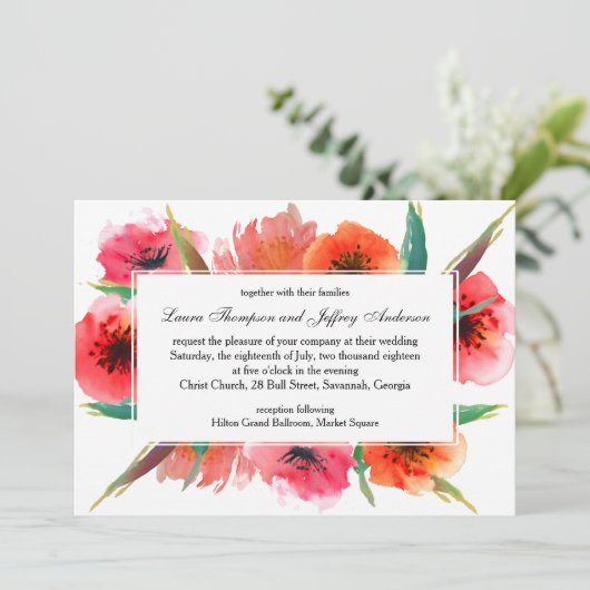 Rote gestrichene Poppies Blumenhochzeit Einladung (Stehend Vorderseite)