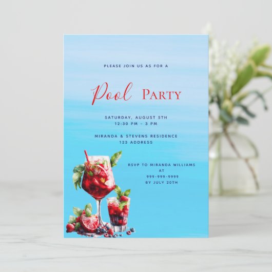 Rote Getränke Blau Wasser Pool Party Einladung (Stehend Vorderseite)