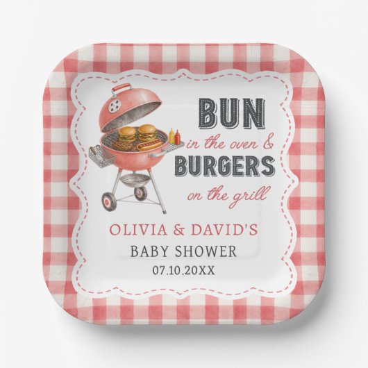 Rote Gingham-Burger-BBQ-Baby-Shower-Papierteller Pappteller (Vorderseite)