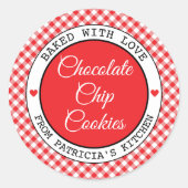 Rote Gingham Choco-Cookies, gebacken mit Liebe Runder Aufkleber (Vorderseite)