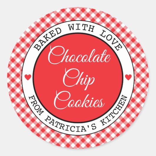 Rote Gingham Choco-Cookies, gebacken mit Liebe Runder Aufkleber (Vorderseite)