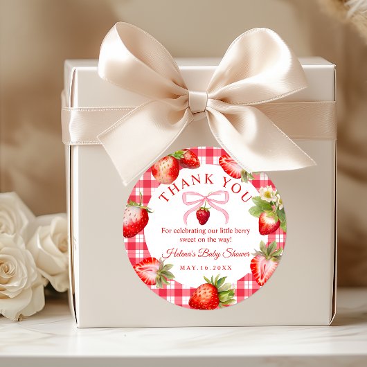 Rote Gingham-Erdbeeren Baby Shower Danke Runder Aufkleber