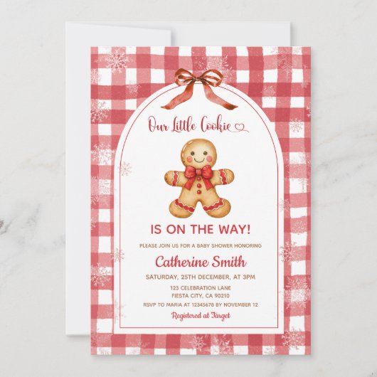 Rote Gingham-Lebkuchen-Weihnachts-Baby-Shower Einladung (Vorderseite)