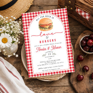 Rote Gingham-Liebe & Hamburger-Paar-Junggesellinne Einladung