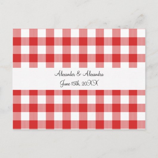 Rote Gingham-Muster-Gastgeschenke Hochzeiten Postkarte (Vorderseite)