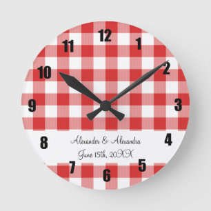 Rote Gingham-Muster-Gastgeschenke Hochzeiten Runde Wanduhr