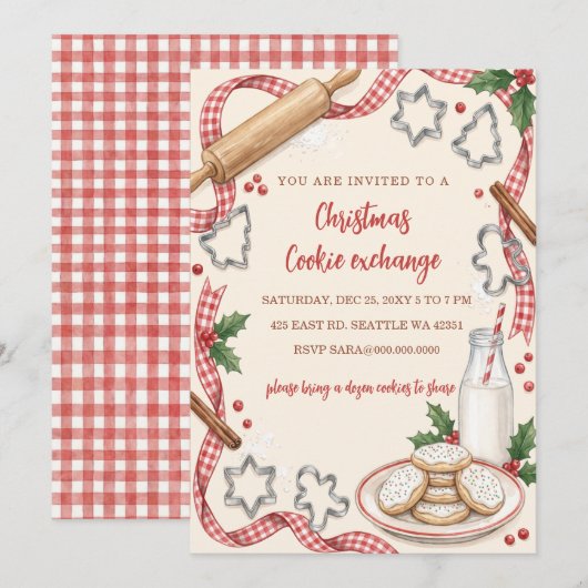 Rote Gingham-Spaß-Keks-Tausch-Weihnachtsfeier Einladung (Vorne/Hinten)