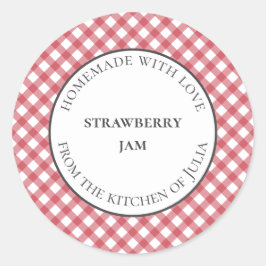 Rote Gingham-Speisen und Marmeladen für hausgemach Runder Aufkleber