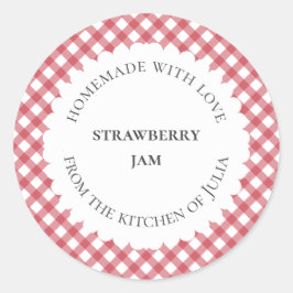 Rote Gingham-Speisen und Marmeladen für hausgemach Runder Aufkleber