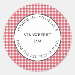 Rote Gingham-Speisen und Marmeladen für hausgemach Runder Aufkleber