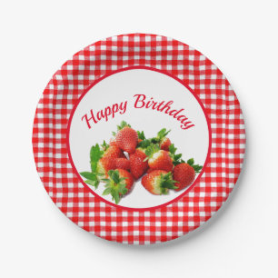 Rote Gingham- und Erdbeeren-Geburtstagsfeier Pappteller
