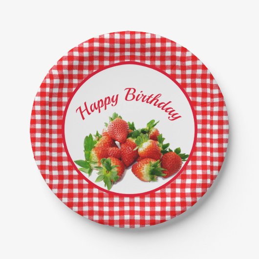 Rote Gingham und Strawberries Geburtstagsparty Pappteller (Vorderseite)
