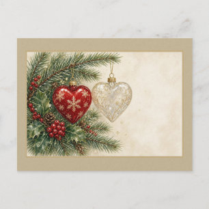 Rote Glas-Herz-Ornamente mit Stechpalmen-Postkarte Postkarte
