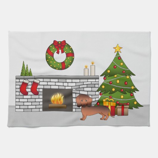 Rote, glatte Dackel im Weihnachtsraum Geschirrtuch (Horizontal)