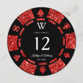 Rote Glitter-Monogramm-Pokerchip-Casino-Hochzeit Einladung (Vorderseite)