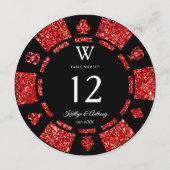 Rote Glitter-Monogramm-Pokerchip-Casino-Hochzeit Einladung (Rückseite)