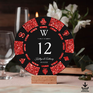 Rote Glitter-Monogramm-Pokerchip-Casino-Hochzeit Einladung