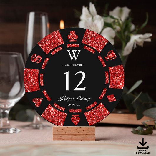 Rote Glitter-Monogramm-Pokerchip-Casino-Hochzeit Einladung