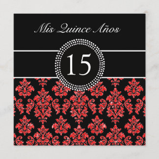 ROTE GLITZER-EFFEKT SCHWARZES DAMASK QUINCEANERA EINLADUNG