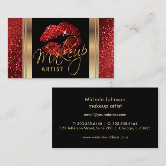 Rote Glitzer Lips und elegantes Gold Script Visitenkarte (Vorne/Hinten)