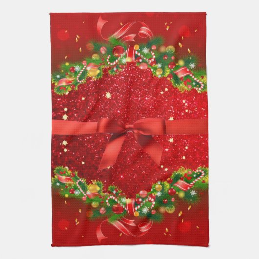Rote Glitzer mit Bow und Weihnachtsschmuck Geschirrtuch (Vertikal)