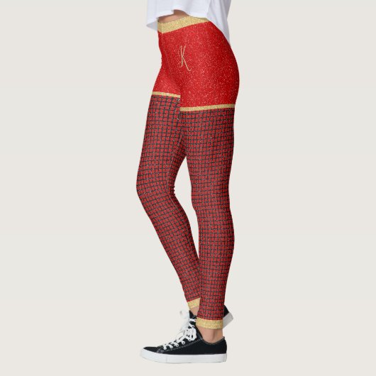 Rote Glitzer-Shorts, rotes Schwarzes Muster, Monog Leggings (Links)