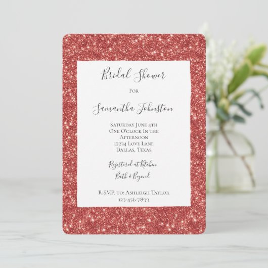 Rote glitzige Glitter-Sparkling-Brautparty Einladung (Stehend Vorderseite)