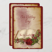 Rote, glühende Rose auf den Seiten der Gold-Farbbi Einladung (Vorne/Hinten)