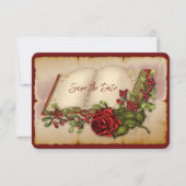 Rote, glühende Rose auf den Seiten der Gold-Farbbi Save The Date (Vorderseite)