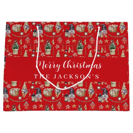 Rote Gnome Nordic Farmhouse Weihnachten Große Geschenktüte (Vorderseite)