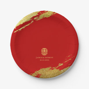 Rote Gold-Chinesische Kalligrafie-Pinselstrich-Hoc Pappteller