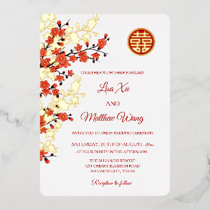 Rote Gold-Kirschblüte   Chinesische Hochzeit Folieneinladung