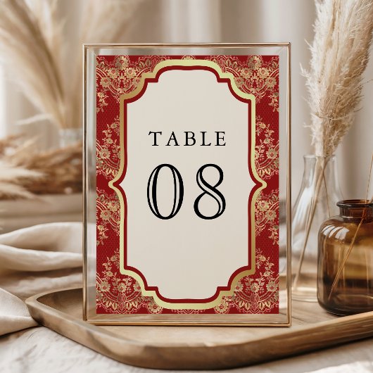 Rote Gold-Lace-Indische Hochzeit Tischnummer