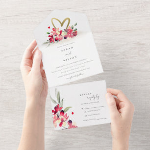 Rote Gold-Orchideen-Herz-Blumen-Hochzeit All In One Einladung