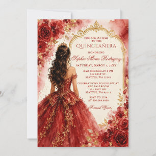 Rote Gold Prinzessin Florale Tiara Quinceañera Einladung