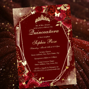 Rote Gold Schmetterling Florale Quinceanera Folieneinladung
