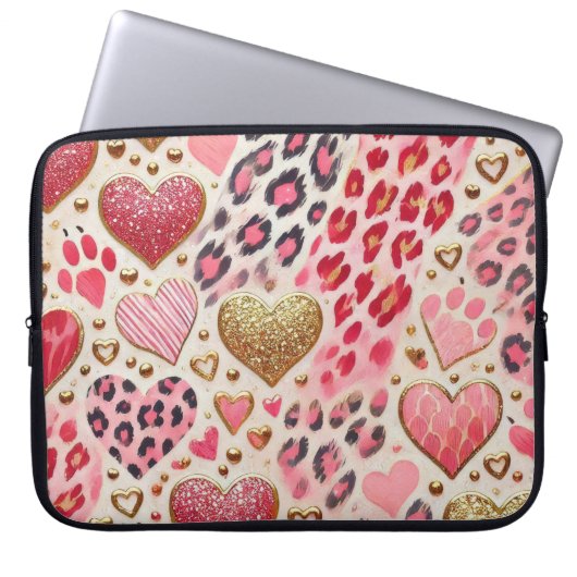 ROTE GOLD-VALENTINE-HERZEN UND LEOPARD-DRUCK LAPTOPSCHUTZHÜLLE (Vorderseite)
