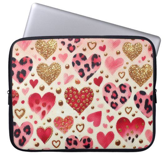 ROTE GOLD-VALENTINE-HERZEN UND LEOPARD-DRUCK LAPTOPSCHUTZHÜLLE (Vorderseite)