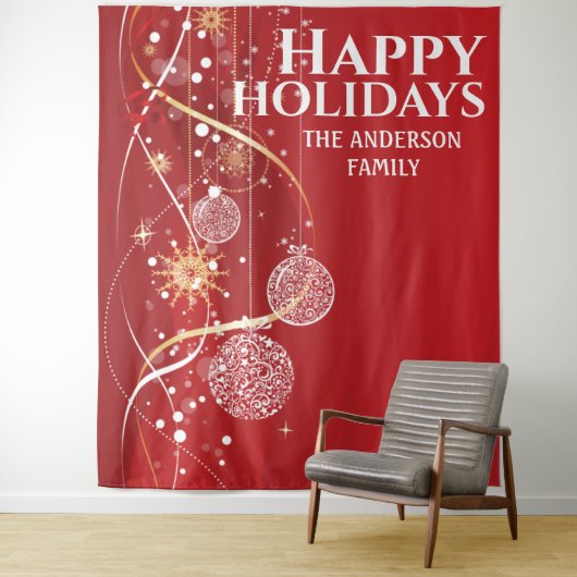 Rote Goldbälle Schneeflocken Chic Weihnachtsgrüße Wandteppich (Beispiel)