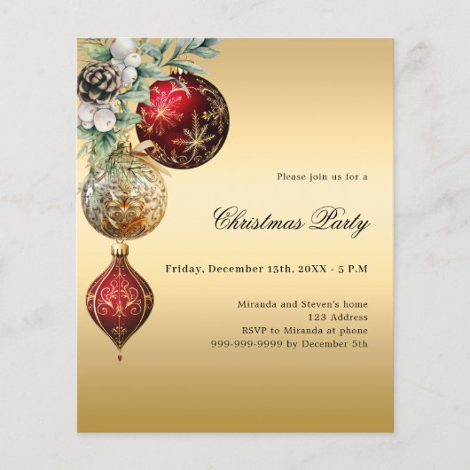 Rote Goldbaubles Kiefer Weihnachten Party Einladun (Vorderseite)