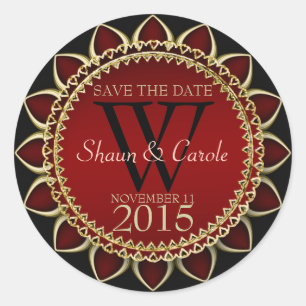 Rote Goldblume Monogram Save the Date Aufkleber