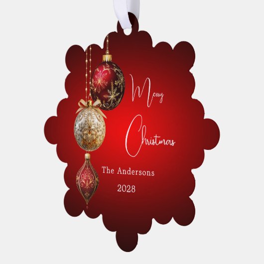 Rote goldene Baubles Weihnachtsdekoration Ornament Karte (Linke Ecke)
