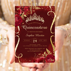 Rote Goldene Florale Quinceanera-Schriftrolle Folieneinladung