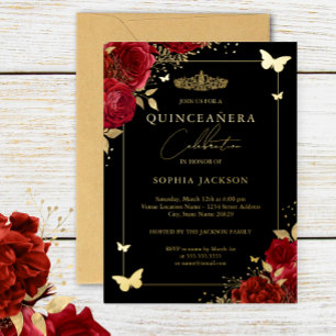 Rote Goldene Florale Schmetterlings-Tiara Quincean Folieneinladung
