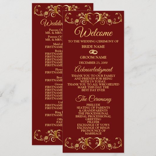 Rote goldene geometrische elegante Hochzeit Programm (Vorne/Hinten)