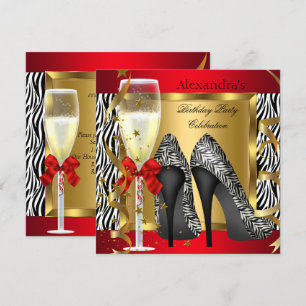 Rote Goldene High Heels Zebra Champagner Geburtsta Einladung