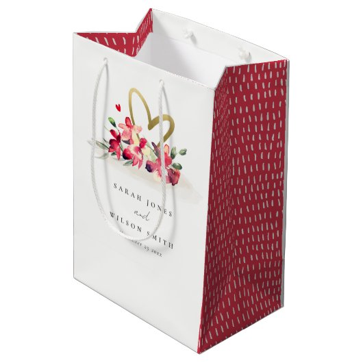 Rote goldene Orchideenhochzeit Mittlere Geschenktüte (Rückseite Schrägansicht)