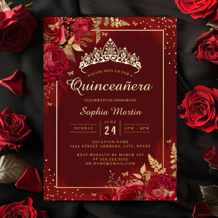 Rote Goldene Schmetterlings-Blumen-Quinceanera  Folieneinladung