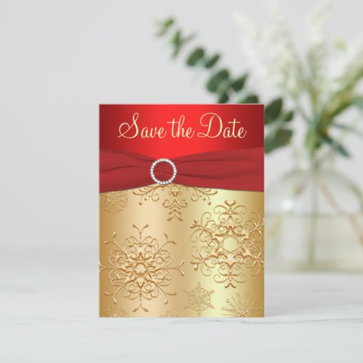 Rote, goldene Schneeflocken Hochzeit Sichern Sie d Save The Date (Stehend Vorderseite)