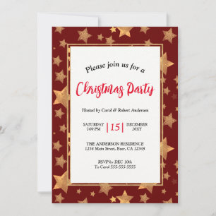 Rote Goldene Sterne Elegante Vintage-Weihnachtsfei Einladung